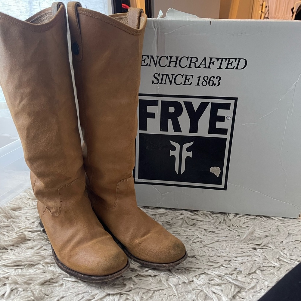 Frye Melissa Suede Button Riding Boot in Tan 7M
